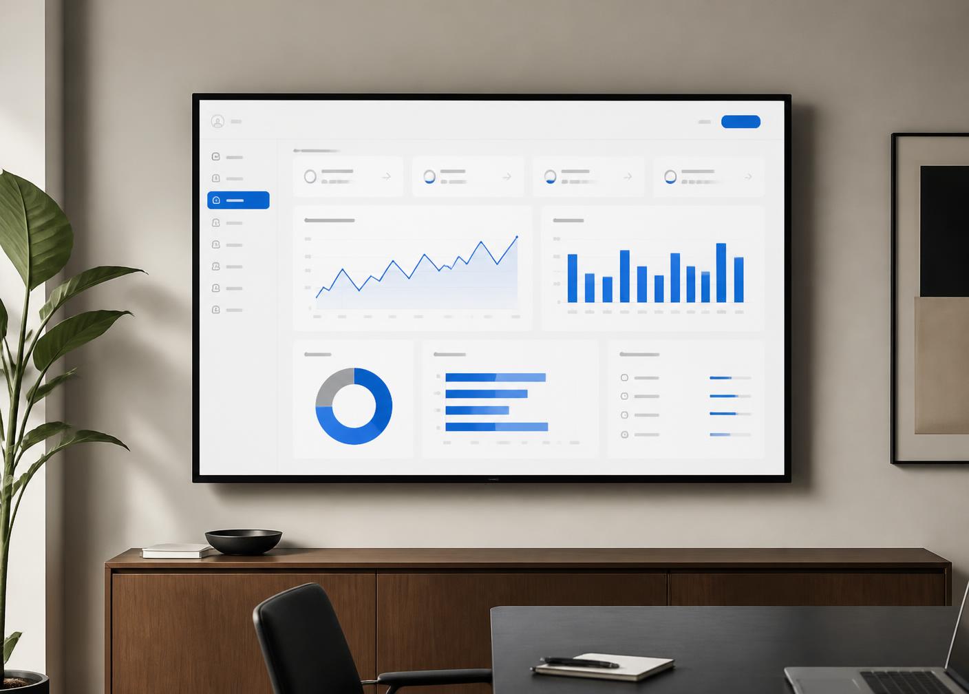 Wall-mounted display showing an operational analytics dashboard with charts in blue and grey
