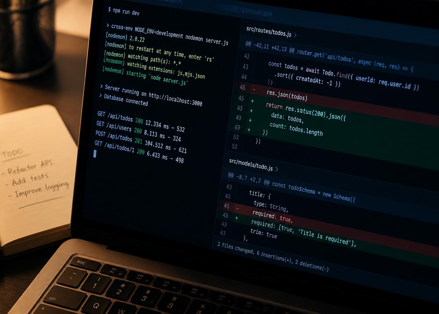 Laptop screen showing a terminal log alongside a version control diff during software development